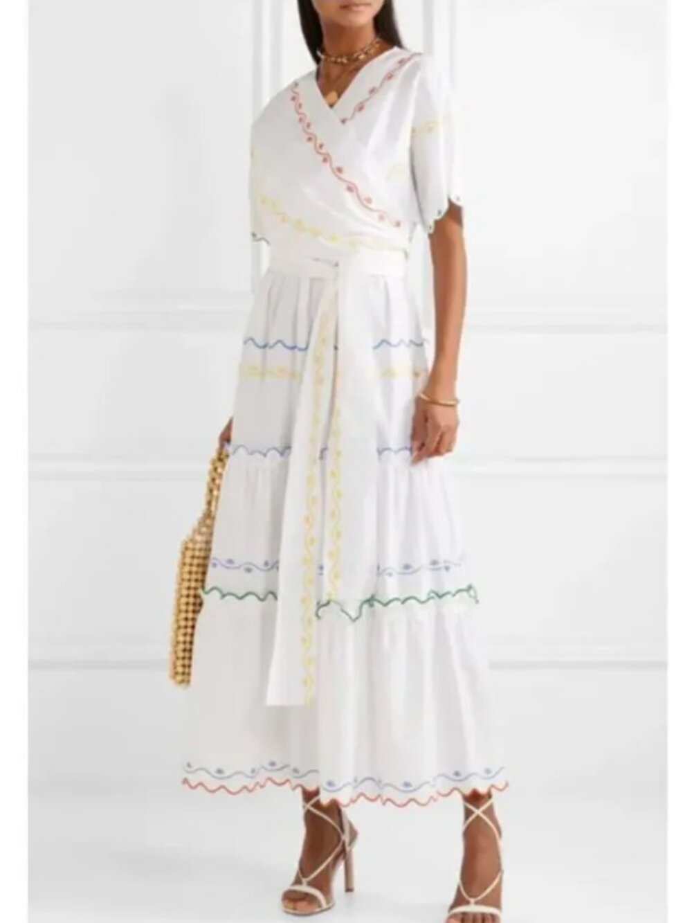 NWT Tory Burch Scallop Embroidered Wrap Maxi Dress Women's 6 White Summer